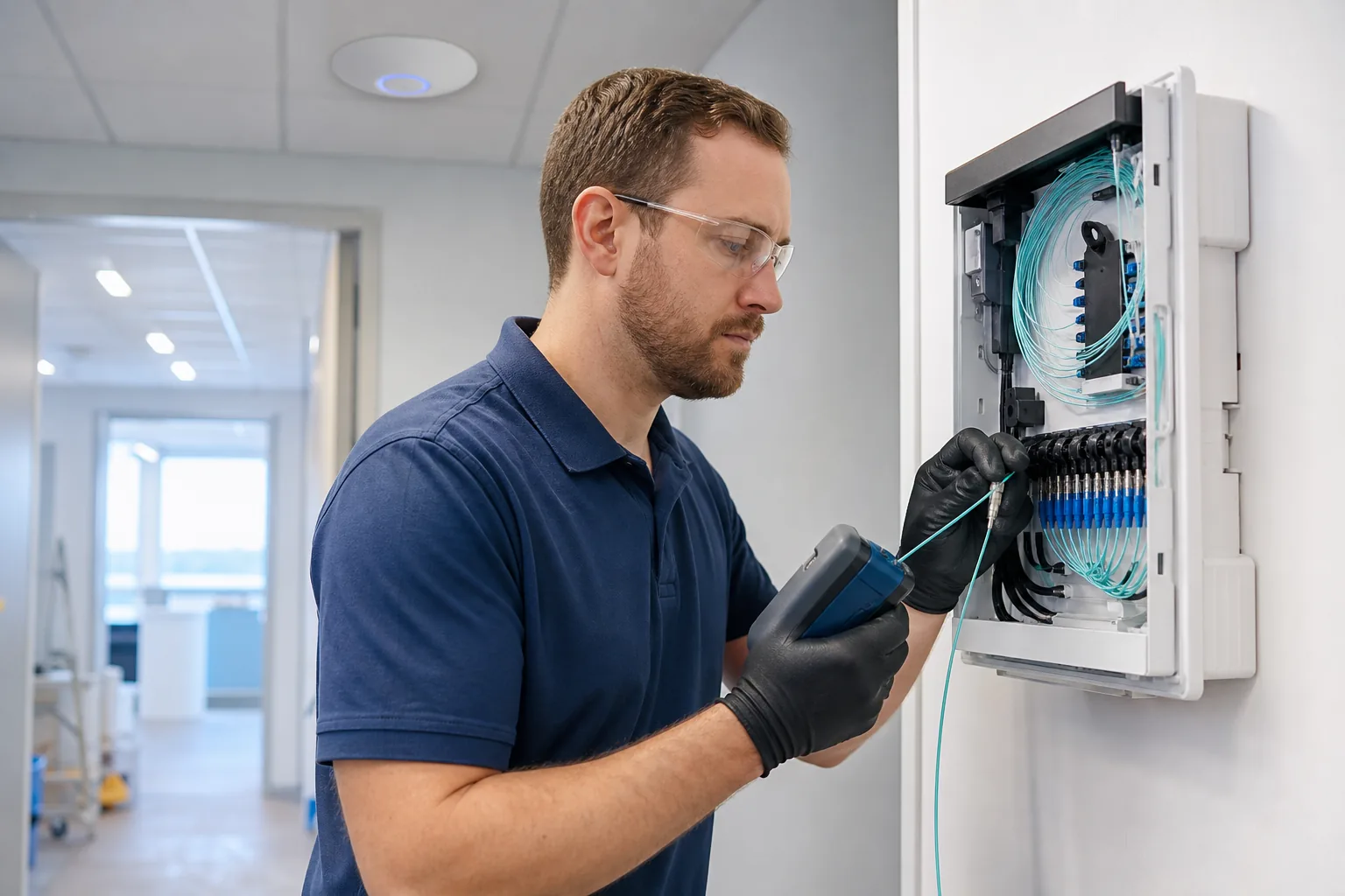 Technician terminating and testing commercial fiber optic cabling
