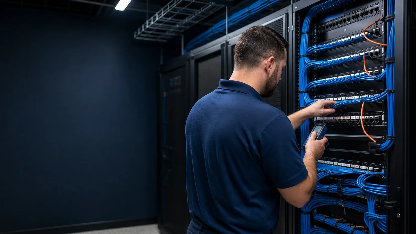 Technician testing a structured cabling rack in Nashville