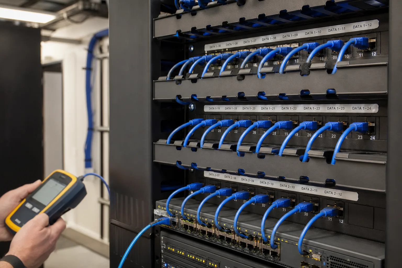 Labeled Cat6 patch panels with tested structured cabling